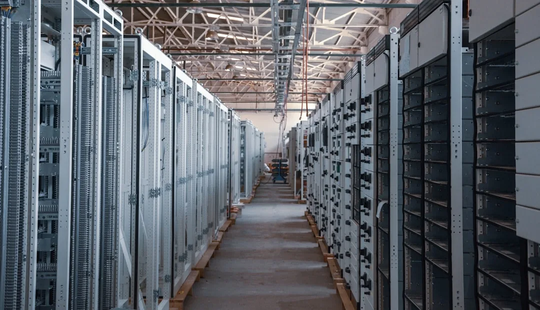 Rows of server racks in a data center representing digital storage capacity in GB, MB, and TB